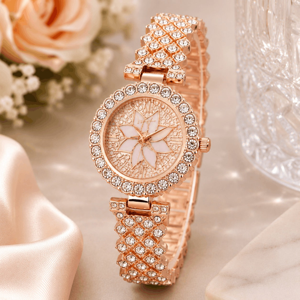 Luxury Women's Quartz Wrist Watch with Floral Crystal Dial – Golden Fashion Watch