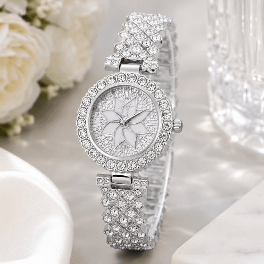 Luxury Women's Quartz Wrist Watch with Floral Crystal Dial – Golden Fashion Watch