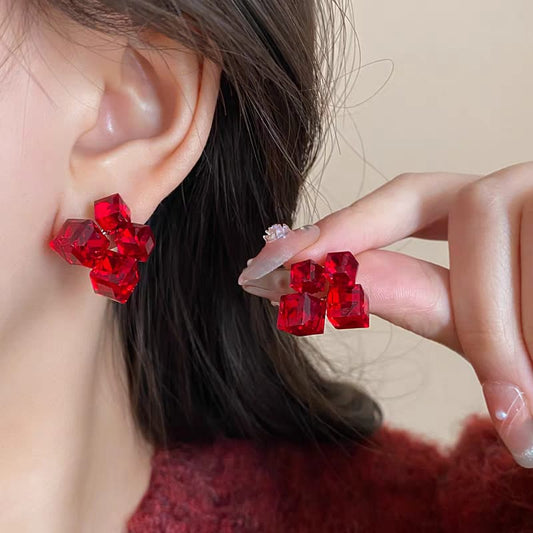 RubyGlow PJX-121 Crystal Earrings - Korean Style Sparkling Red Stones with Elegant Feminine Charm