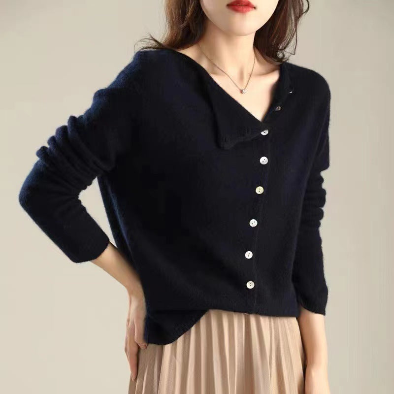 Single-Breasted Knitted Cardigan - Lightweight Low Round Neck Outer Layer