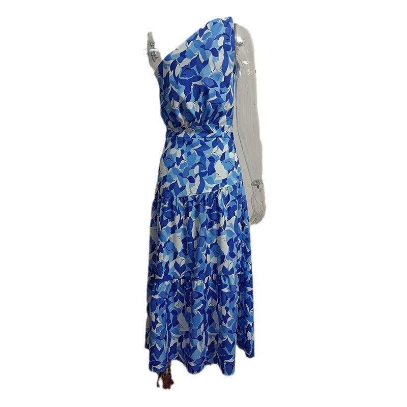 Sunshine Vibes: Summer Sloping Shoulder Backless Print Holiday Dress