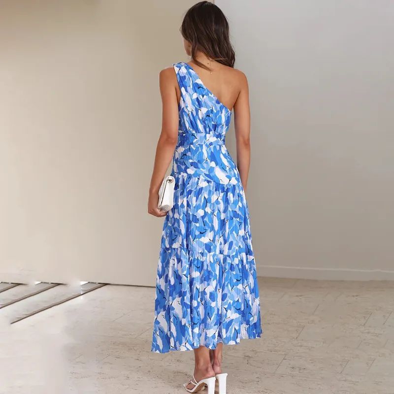 Sunshine Vibes: Summer Sloping Shoulder Backless Print Holiday Dress