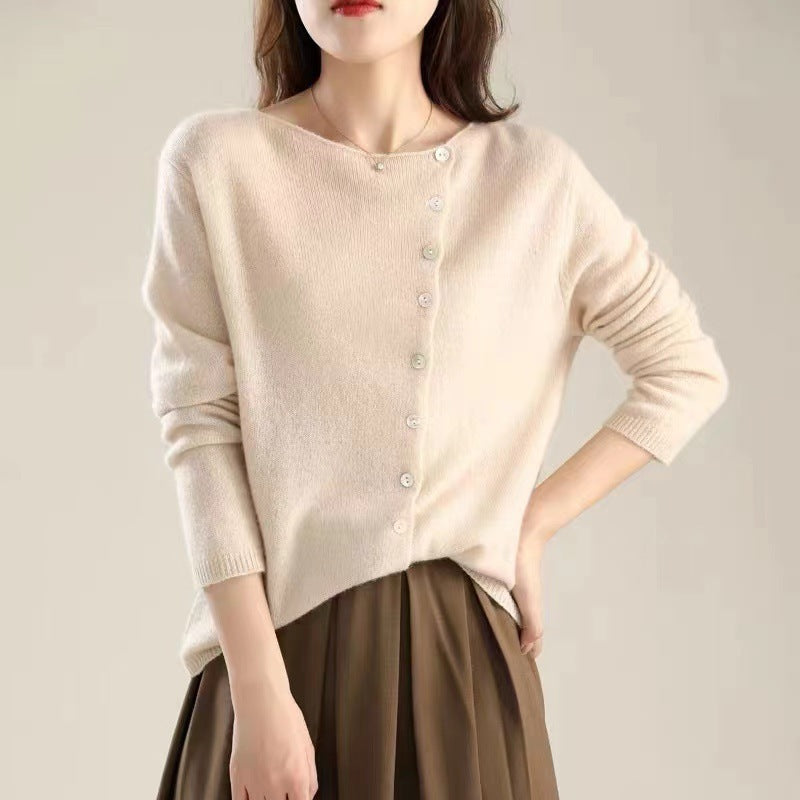 Single-Breasted Knitted Cardigan - Lightweight Low Round Neck Outer Layer