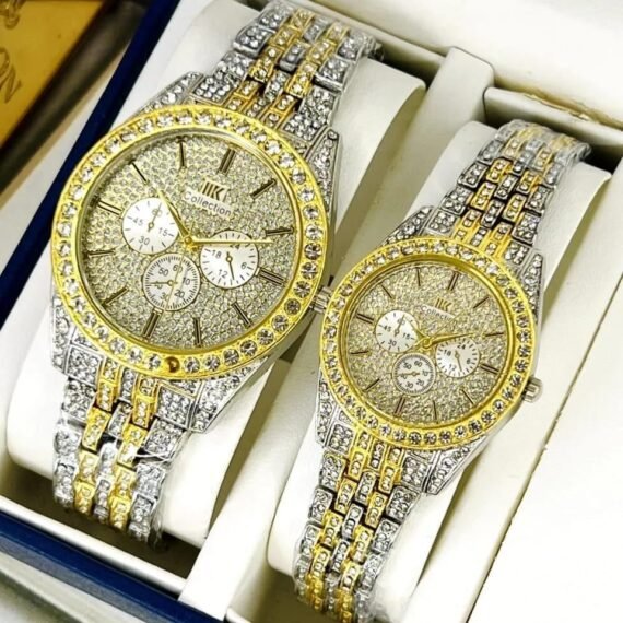 Luxury Diamond-Accented Couple Watch Set (Without Box) - Golden