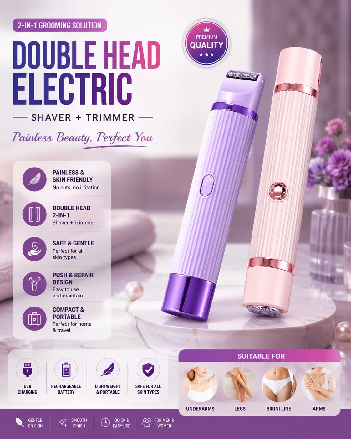 2-in-1 Women Body Hair Trimmer & Facial Hair Remover IPX7 Waterproof - Image 4