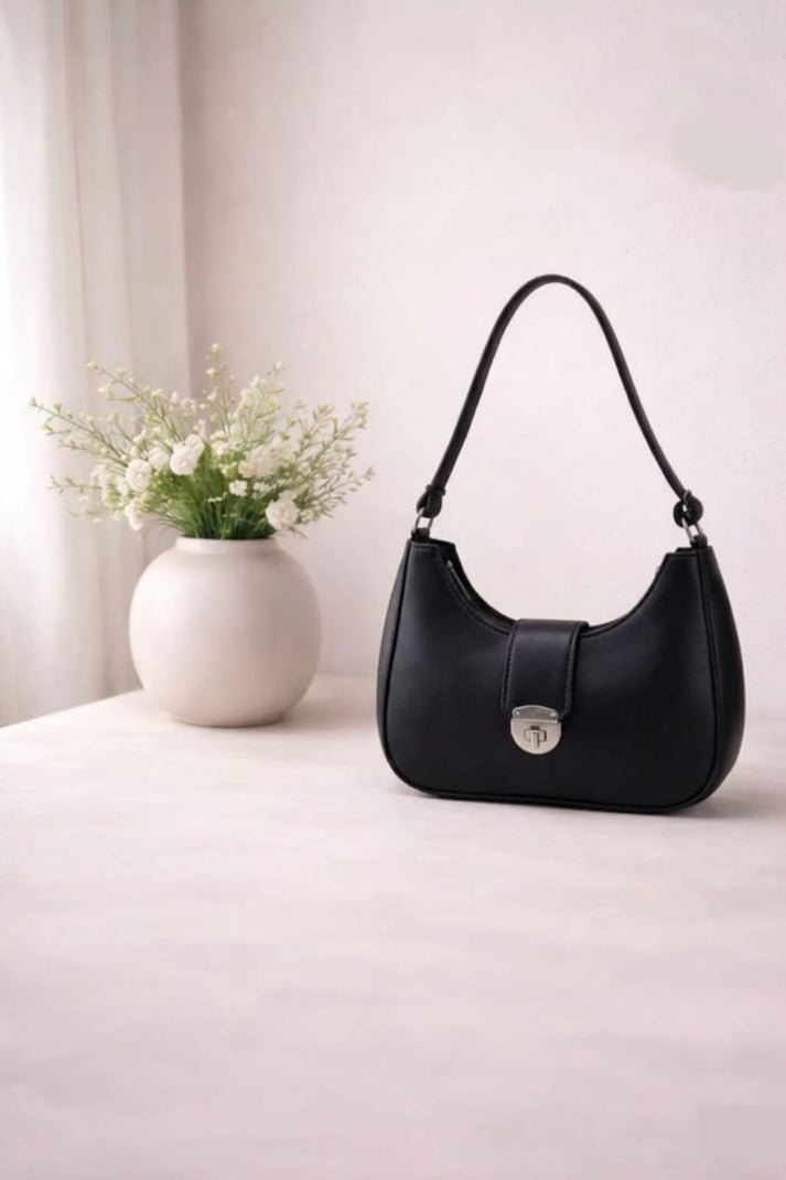 Luna Lock Shoulder Bag – Minimalist Design with Metallic Clasp – Black - Image 4