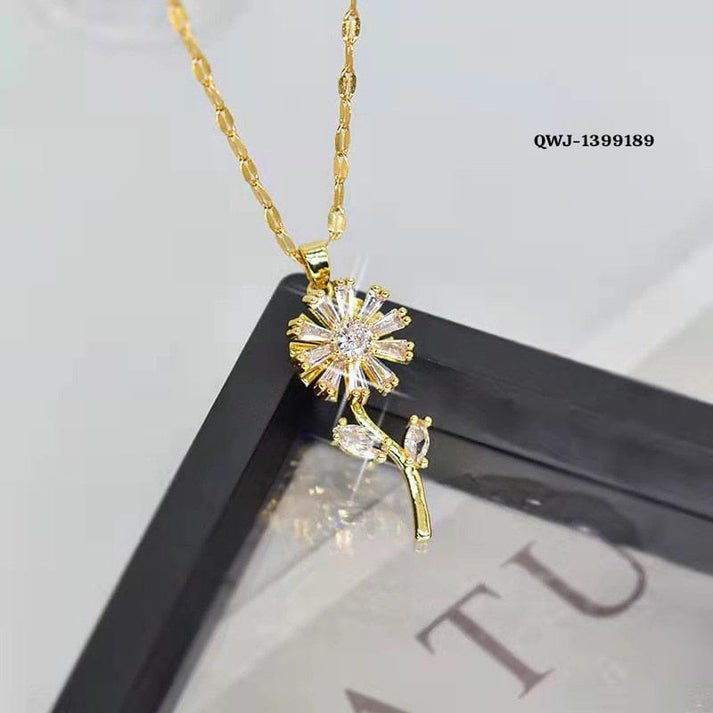 Luxury Flower Pendant Necklace | Crystal Floral Necklace | Silver & Golden Color